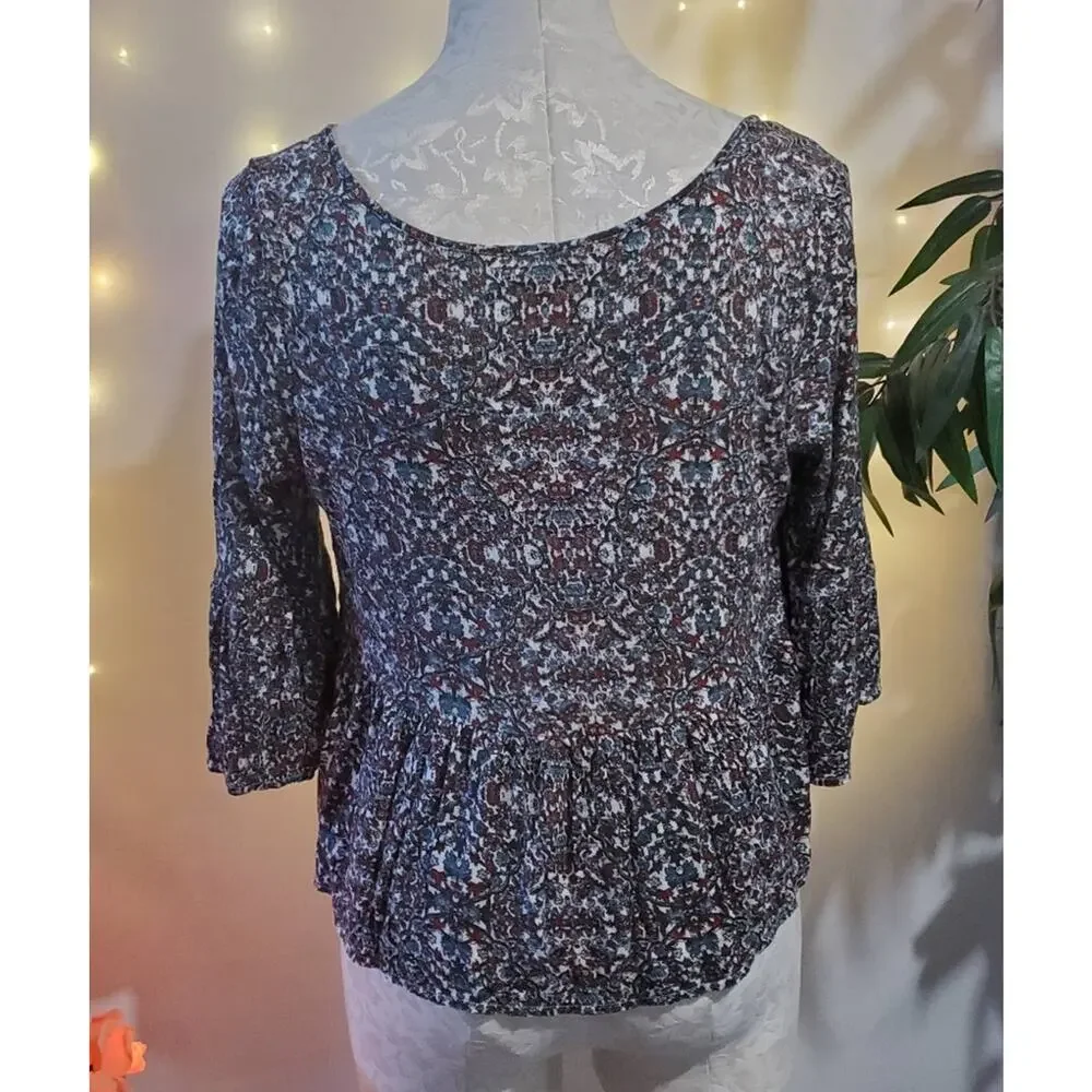 Free People Floral Linen Blend Cropped Babydoll Oversized Top Women's M
